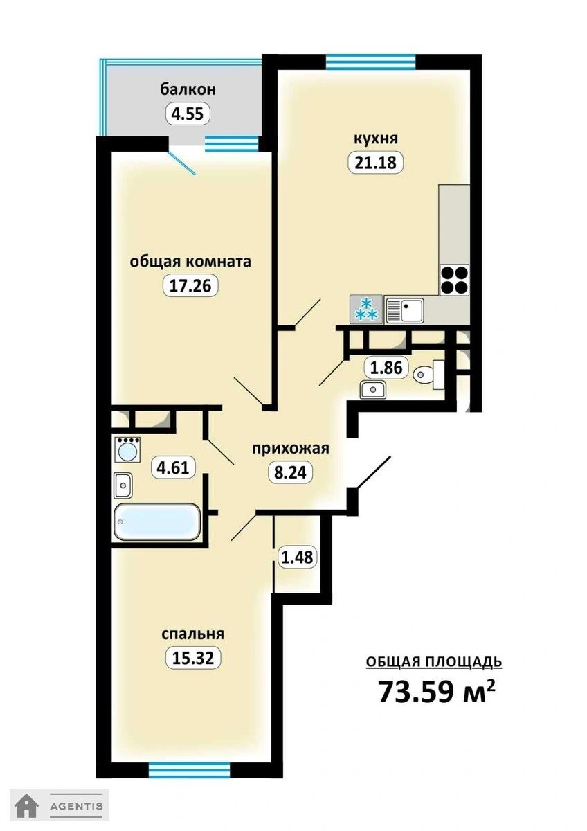 Сдам квартиру 2 комнаты, 74 m², 8 эт./25 этажей. 15, Академіка Заболотного вул., Киев. 