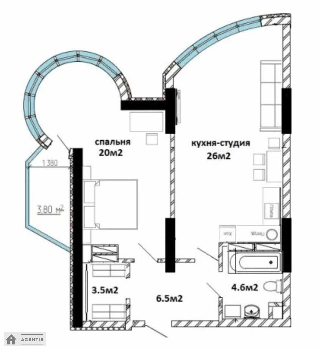 Apartment for rent 1 room, 60 m², 32nd fl./35 floors. 19, Kharkivske 19, Kyiv. 