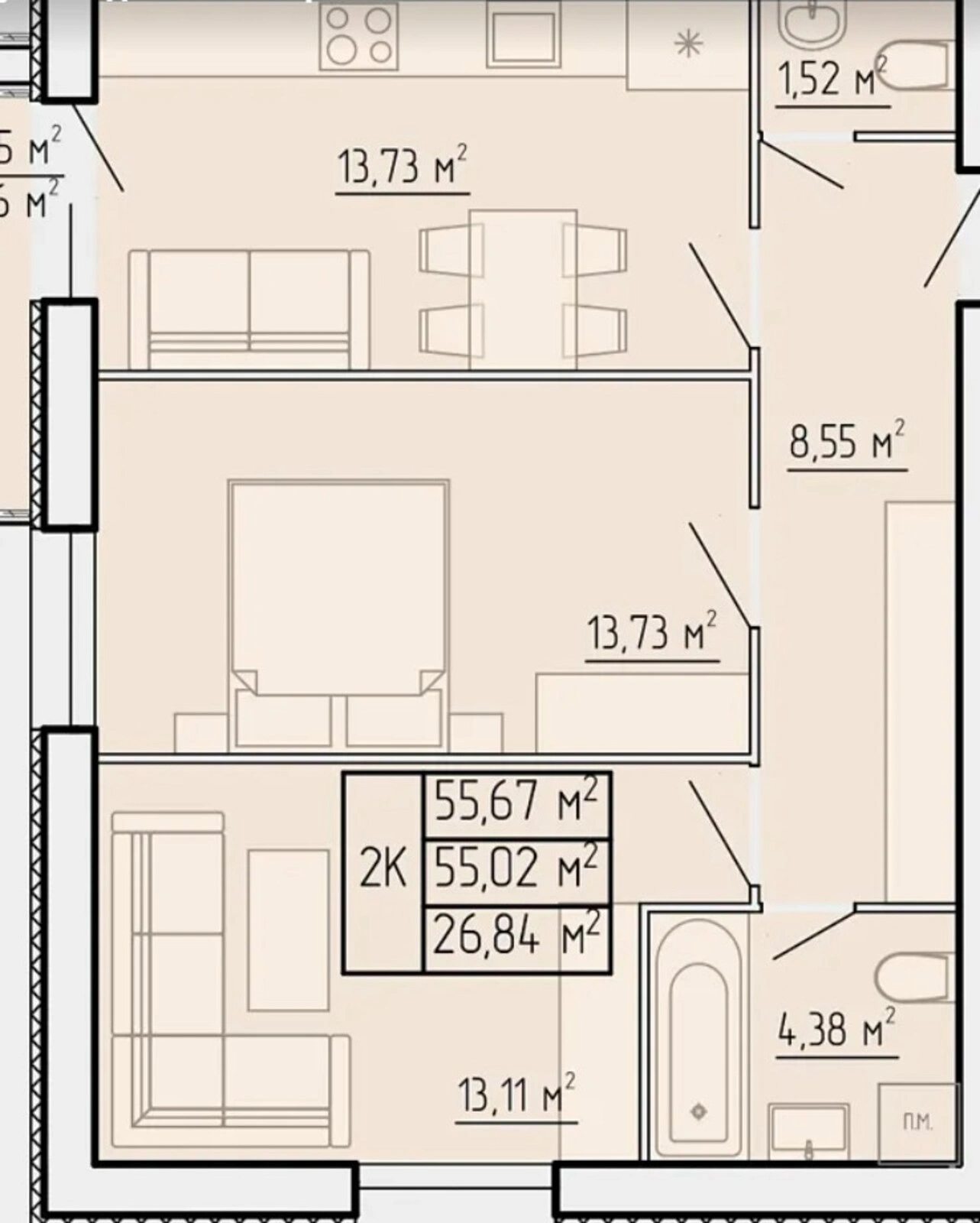 Продаж квартири 2 кімнати, 55 m², 2 пов./4 поверхи. Оболоня, Тернопіль. 