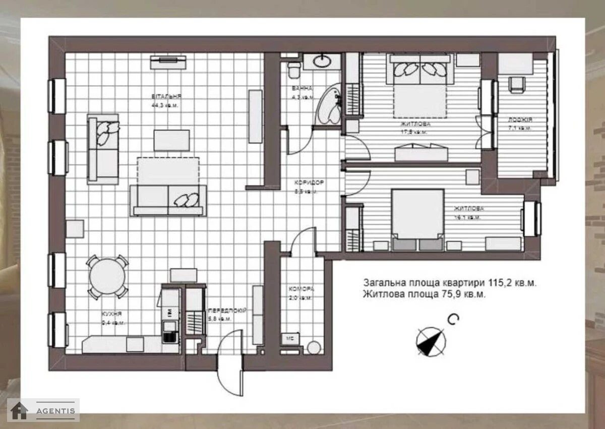 Apartment for rent 3 rooms, 115 m², 7th fl./9 floors. 80, Bohdana Khmelnytskoho vul., Kyiv. 