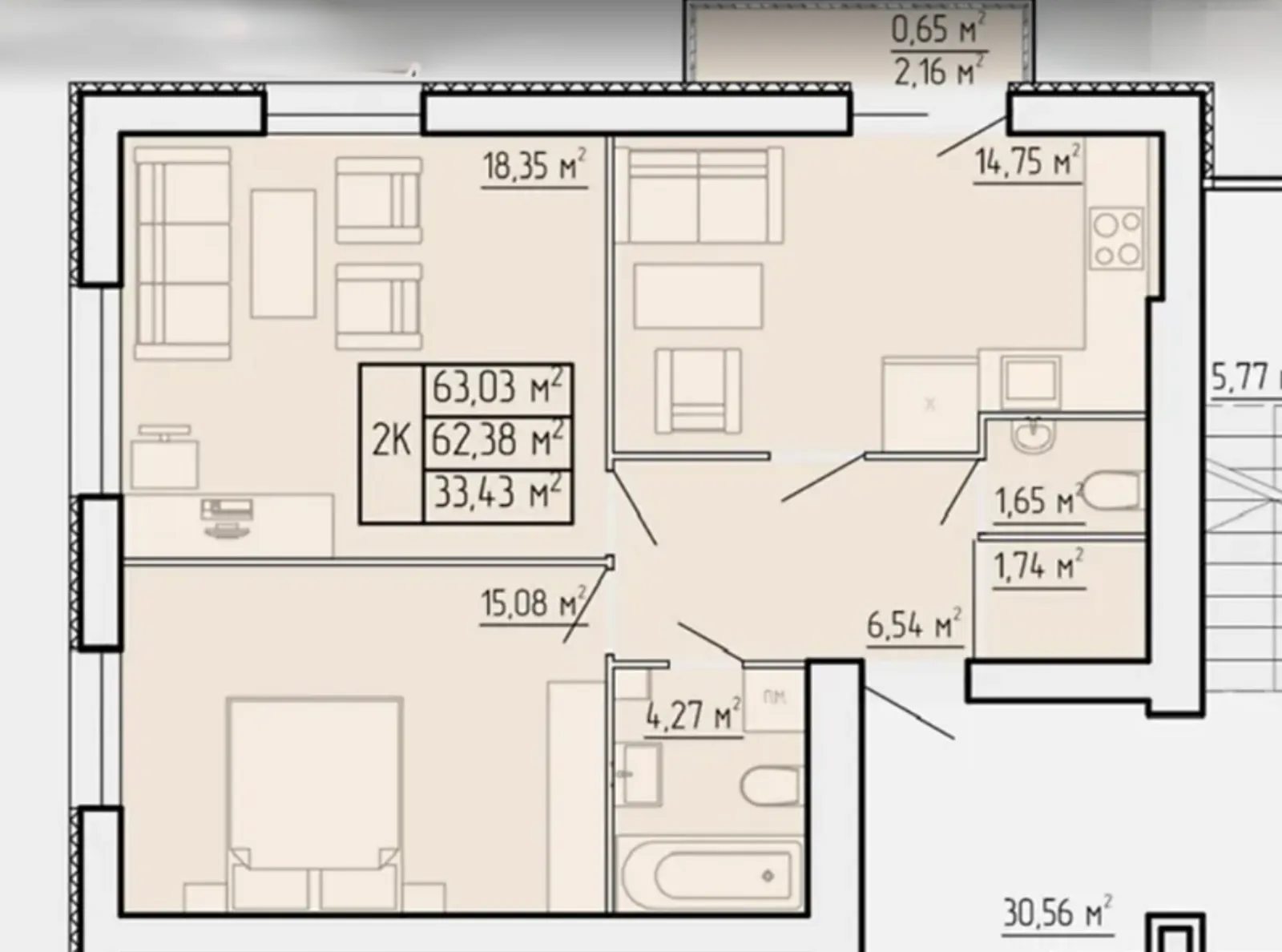 Продаж квартири 2 кімнати, 63 m², 4 пов./4 поверхи. Оболоня, Тернопіль. 