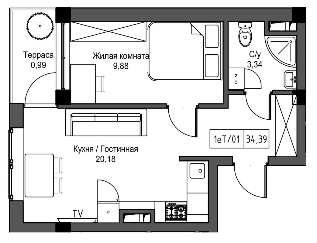 Продаж квартири 1 кімната, 34 m², 6 пов./9 поверхів. Овидиопольская дорога, Авангард. 