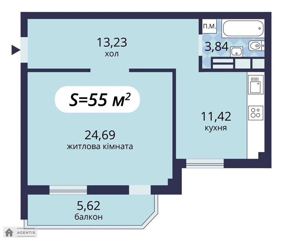 Apartment for rent. 1 room, 55 m², 4th floor/7 floors. 48, Kazymyra Malevycha vul., Kyiv. 