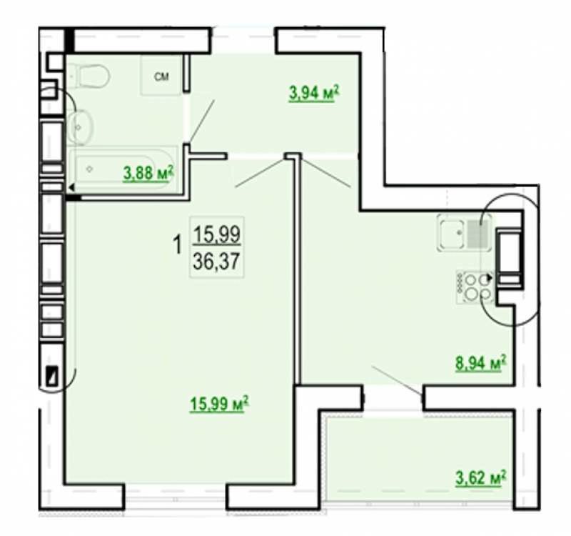 Apartments for sale. 1 room, 37 m², 7th floor/9 floors. ZHK HYDROPARK, Kharkiv. 